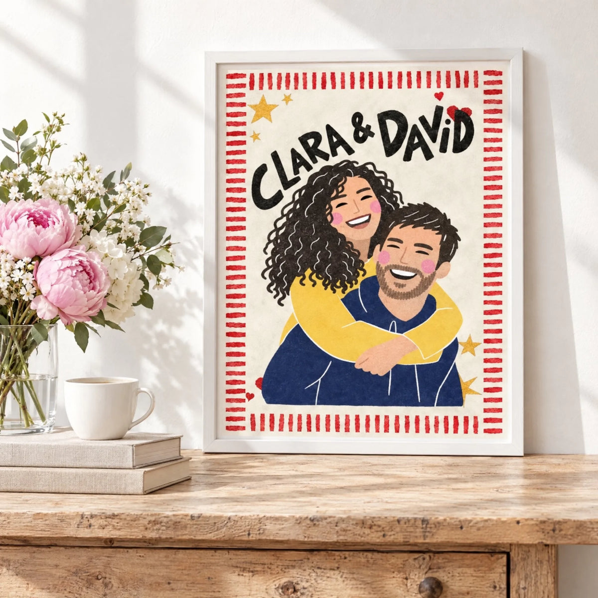 Personalisiertes Poster auf dem Sideboard mit Blumen