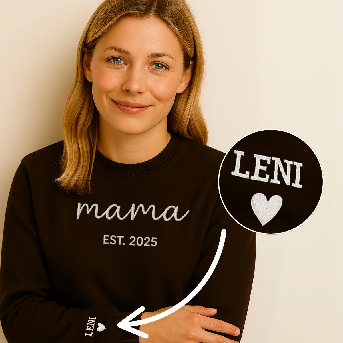 “Personalisiertes Mama-Sweatshirt” mit Kindernamen und Datum