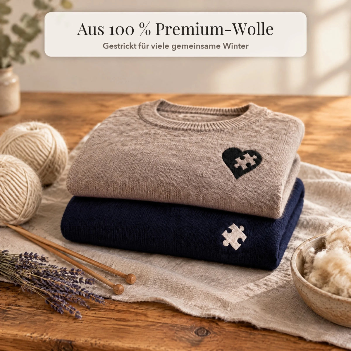 Gefaltete Partner-Pullover aus Premium-Wolle mit Wollknäueln