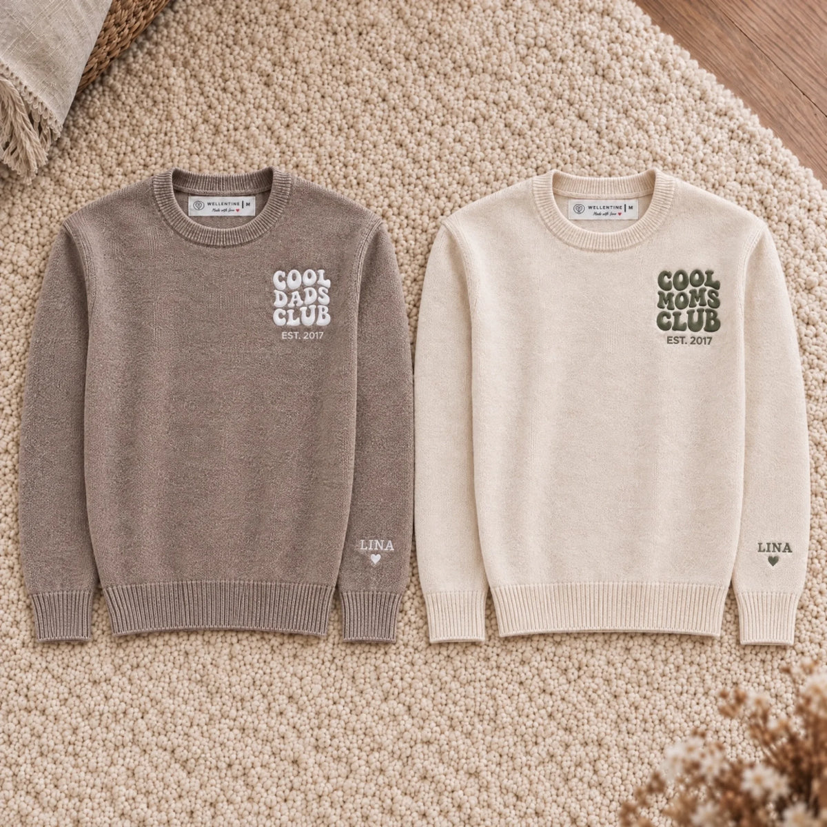 Cool Dads Club & Cool Moms Club Partner-Pullover Bundle mit Kindernamen am Ärmel