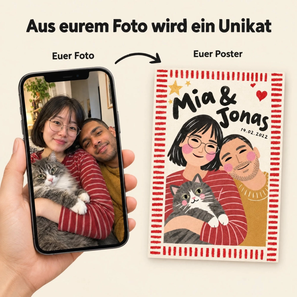 Aus eurem Foto wird ein Unikat – Paar mit Katze